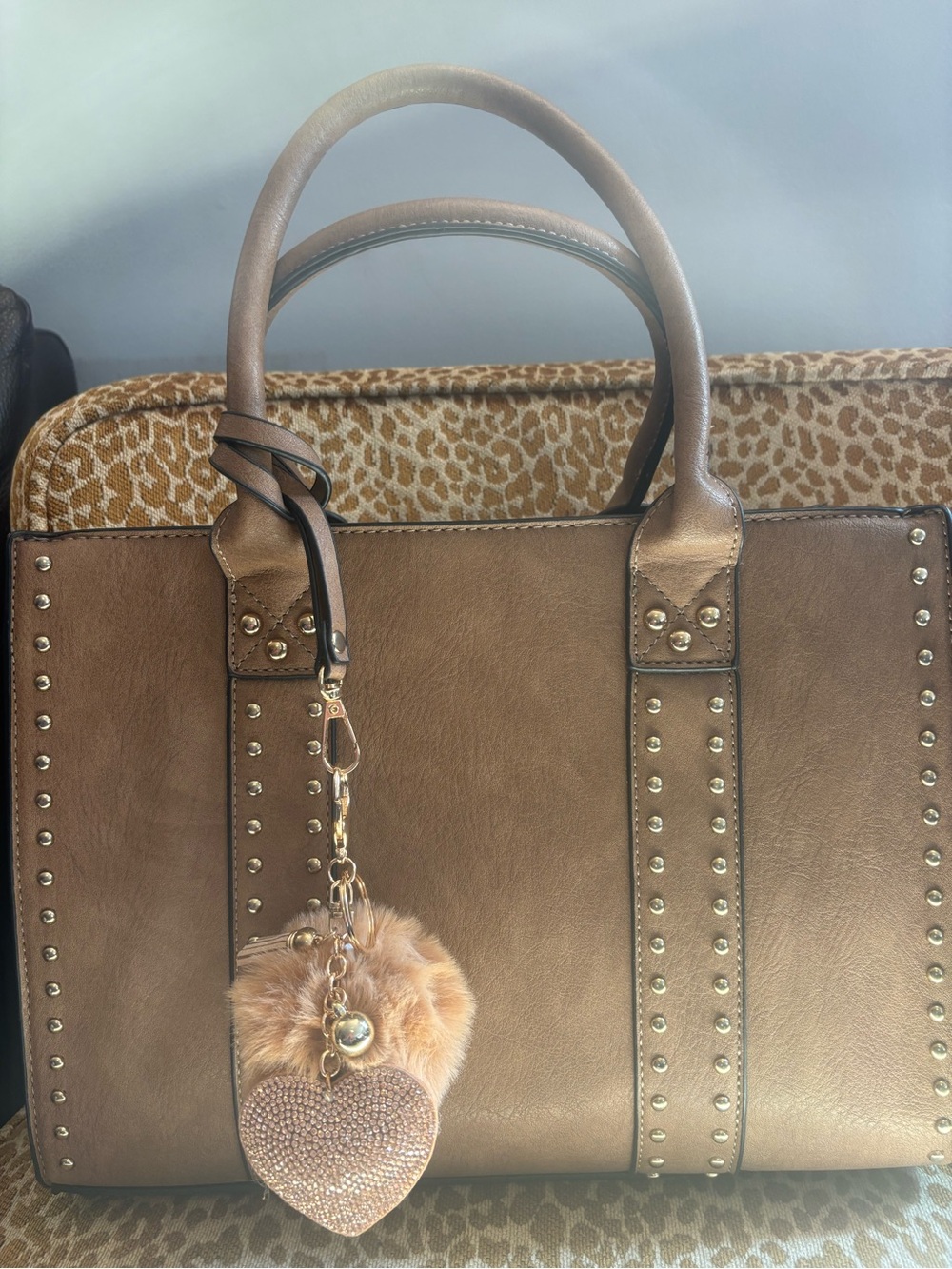 Faux Fur Pom Pom Charm with Crystal Heart & Elegant Faux leather Studded Bag - Picture 6 of 8